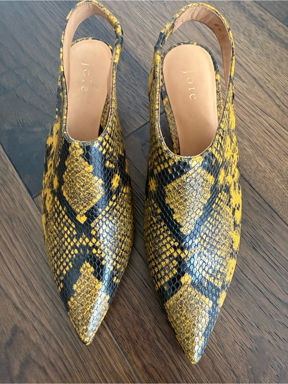 Joie Yellow and Black Snake-Print Pointed Slingback Mules